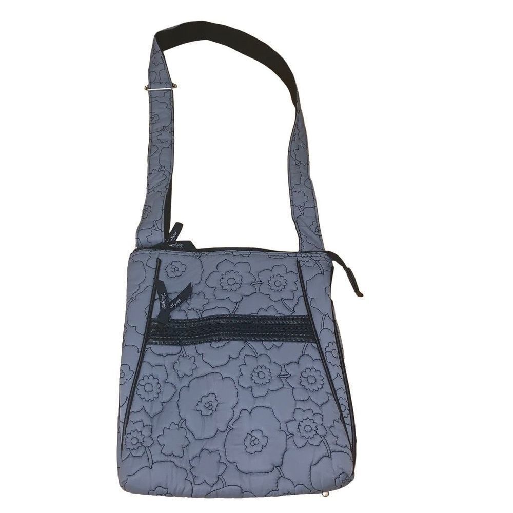 Thirty One Crossbody Bag, Gray & Black Quilted with Floral Pattern
